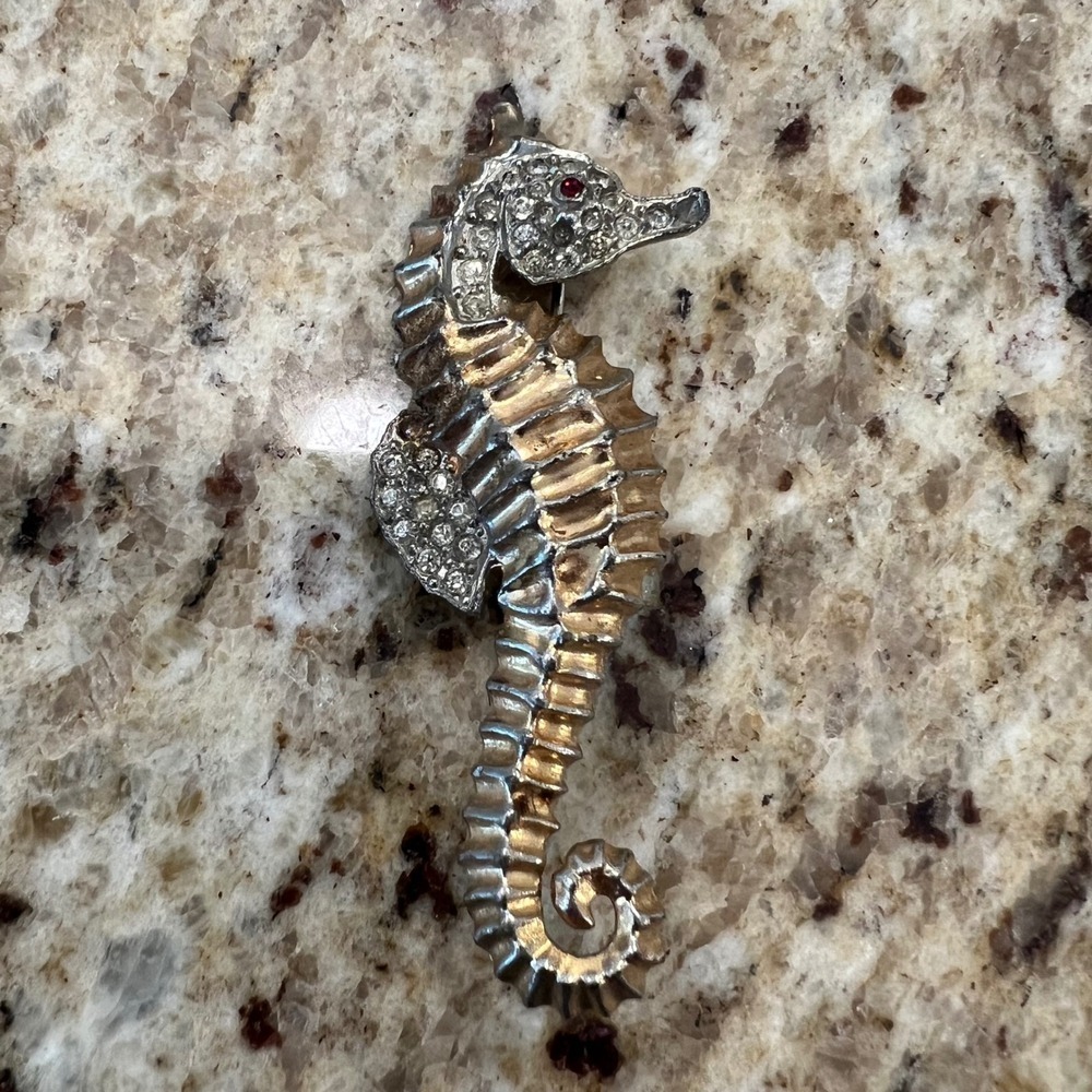 Vintage Seahorse Brooch Gold Silver Tone Rhinestone Nautical Marine Pin 2.75"